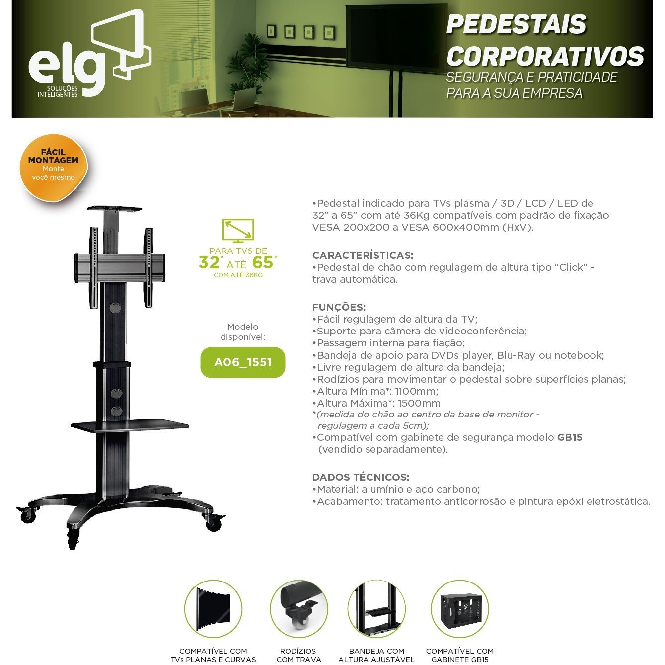 Pedestal TV 32 a 65 com Rodízios A06-1551 ELG