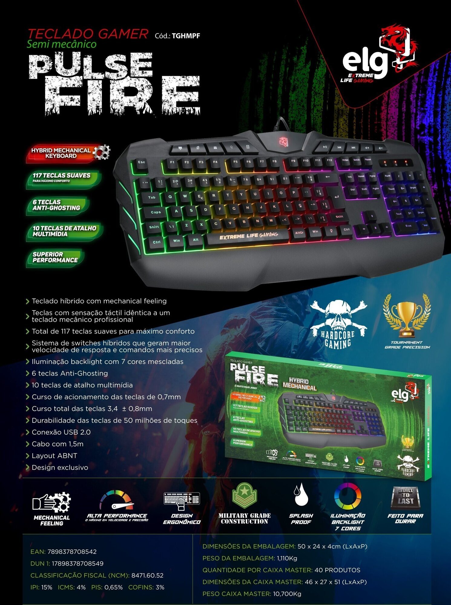 Teclado Gamer Membrana Tripla 117 Teclas iluminado TGHMPF ELG