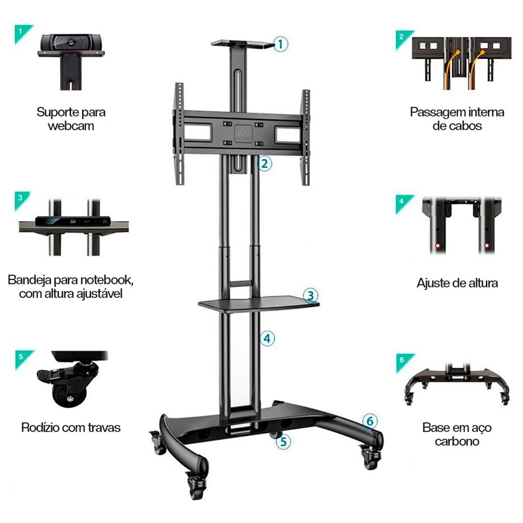 Suporte Pedestal TV 32 a 75 com Rodízios AVA1600-60-1P NB