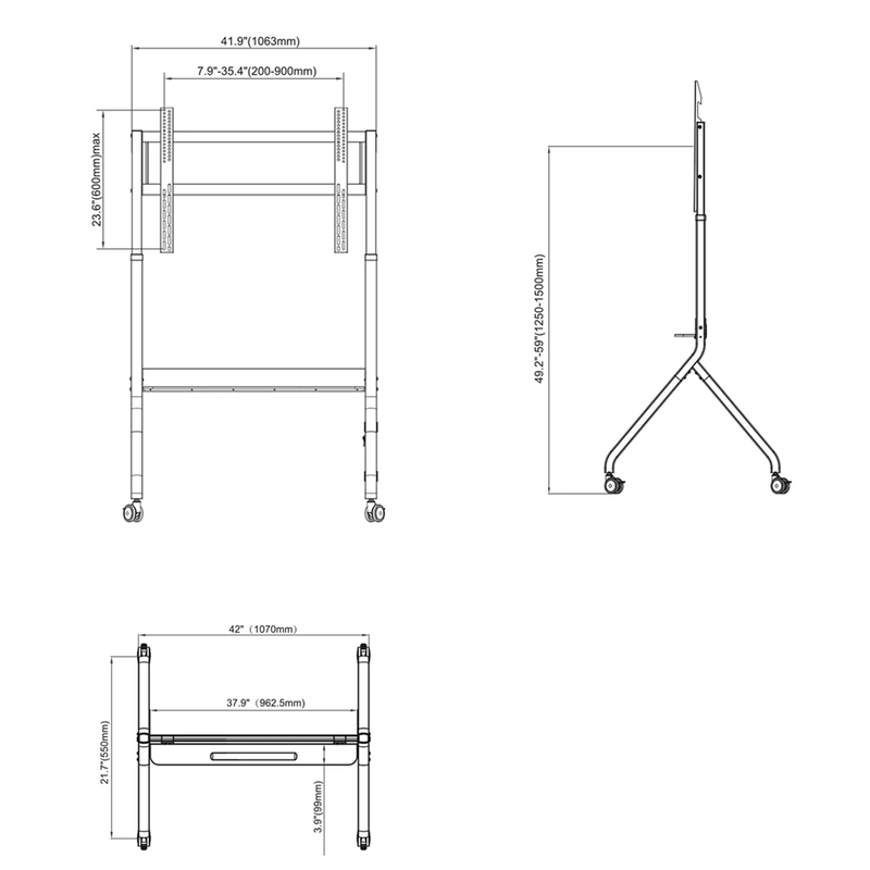 Suporte Móvel Motorizado para TV Tela Interativa 55 a 90 P150 NB Dimensões