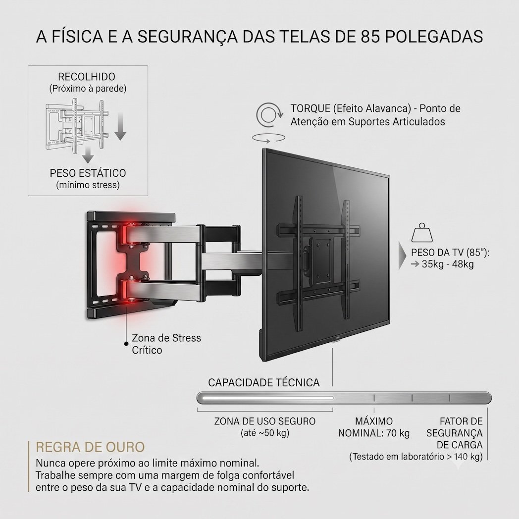 diagrama peso e torque na seguran&ccedil;a suporte articulado tv 85